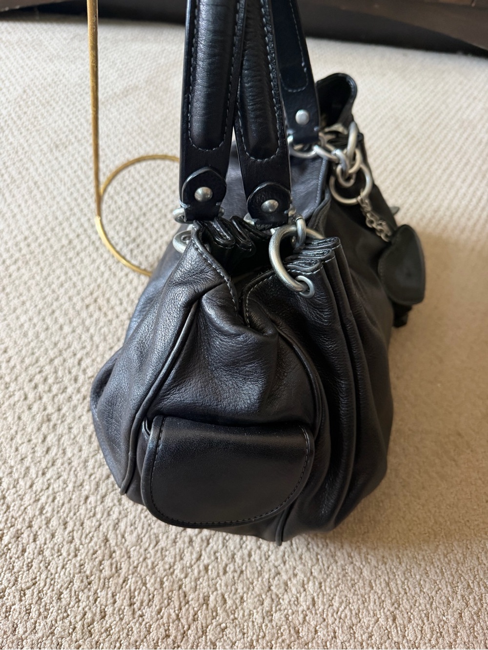 Juicy Couture Black Leather Shoulder Bag with Heart Charm - Picture 3 of 13